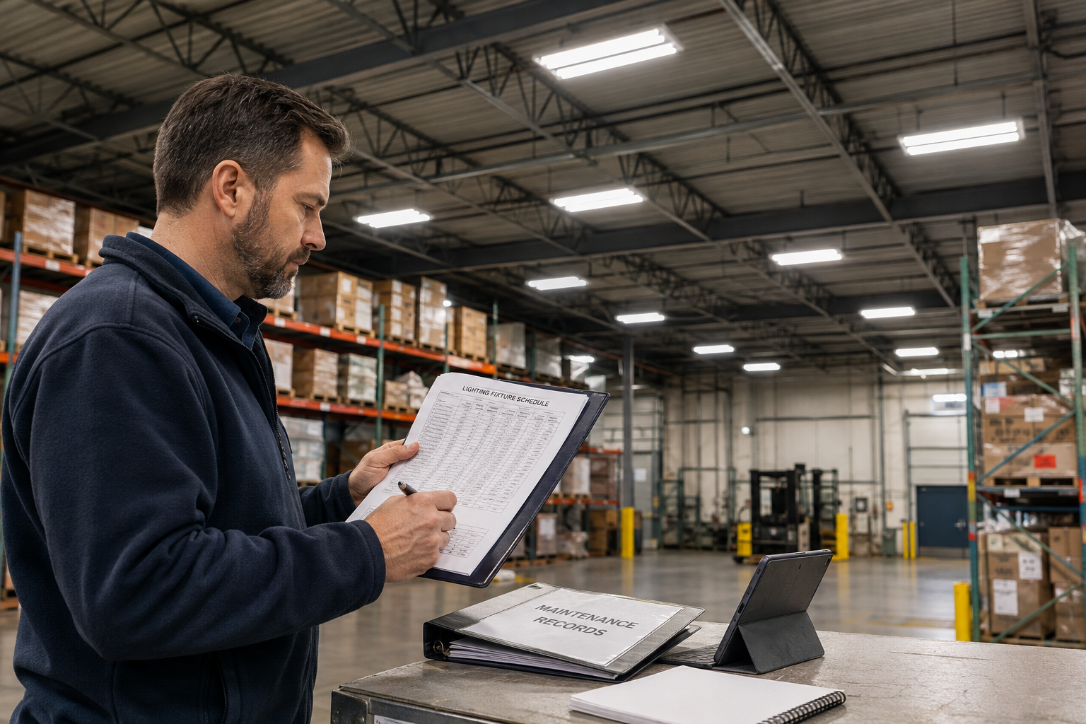 acility manager reviewing lighting records beneath high-bay fixtures in a warehouse.