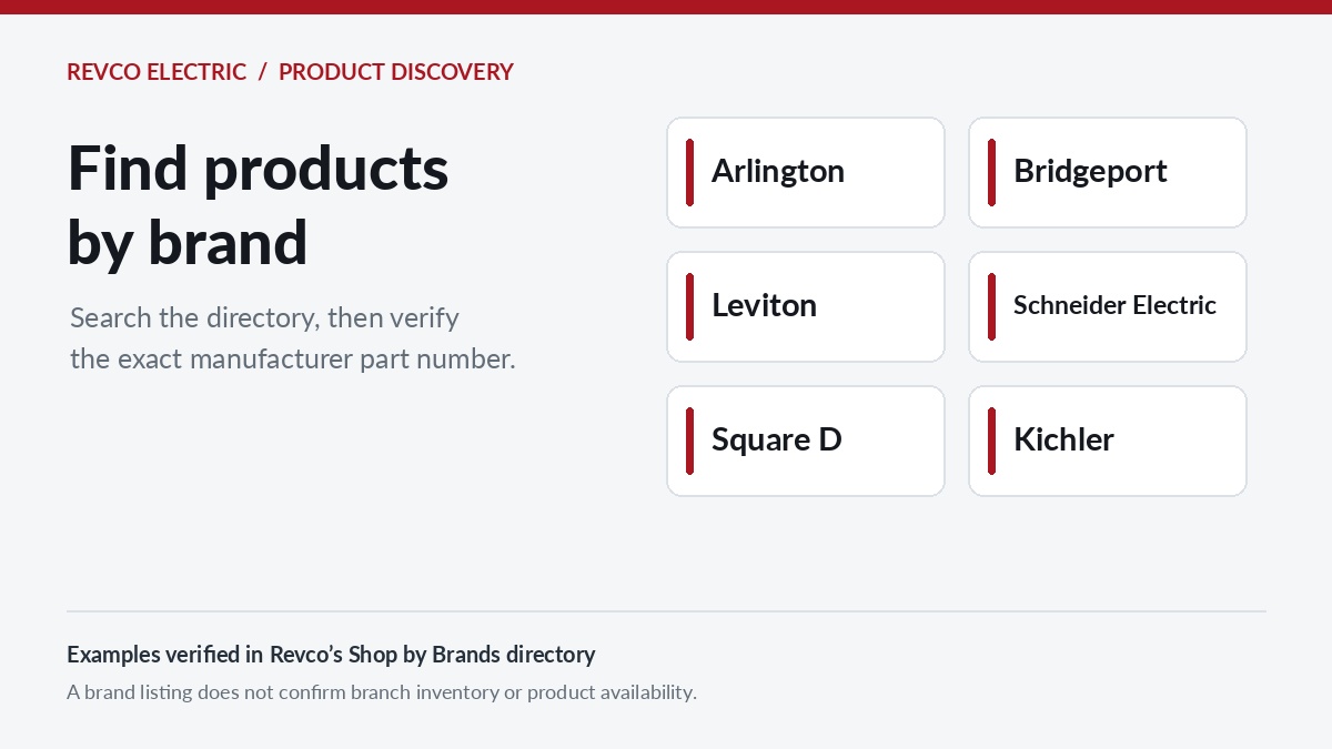 Revco electrical manufacturer brand directory graphic featuring Arlington, Bridgeport, Leviton, Schneider Electric, Square D and Kichler