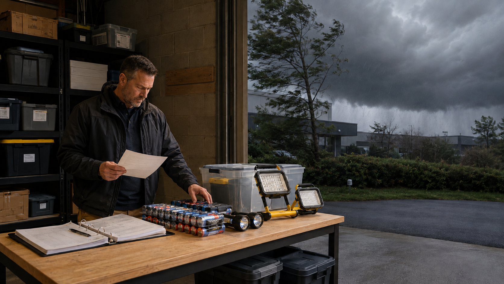 Facility manager organizing portable lights and batteries before a Long Island storm