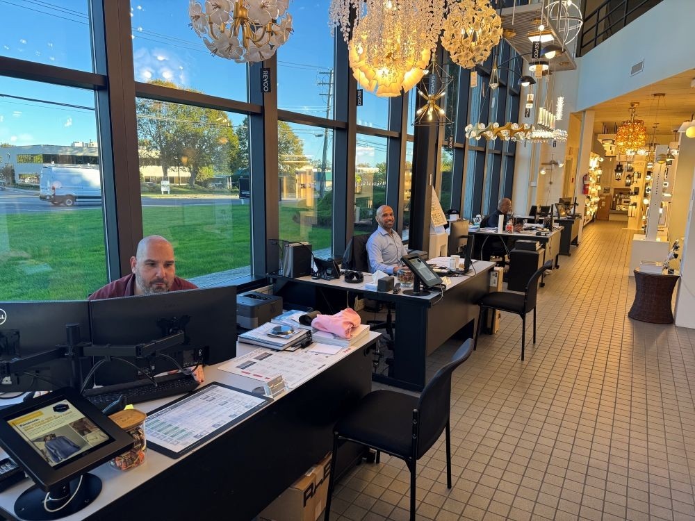 Decorative chandeliers and pendant lighting on display at Revco's Southampton lighting showroom in Suffolk County, New York